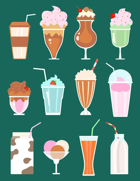 Juego de batidos con bayas, bebidas con leche, helado. vecto — Vector de stock