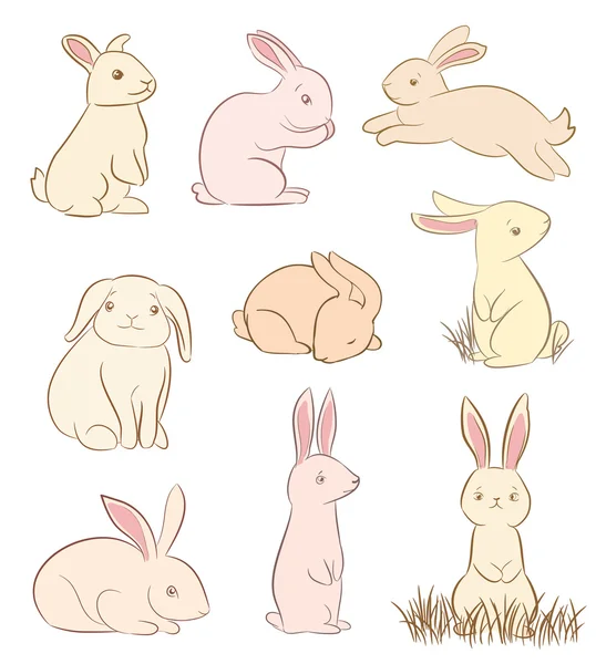 Ensemble de dessins mignons de lapin sur blanc. vecteur — Image vectorielle