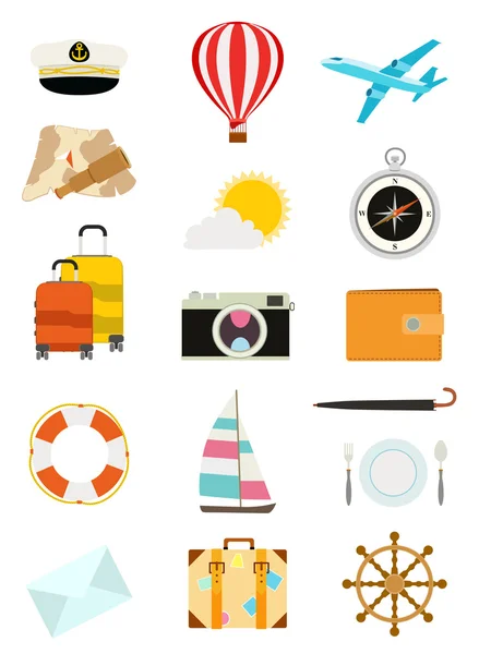 Conjunto de iconos del turismo. velero, globo aerostático, equipaje, umbrel — Vector de stock