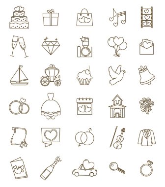 İnce çizgi simgeler kümesi düğün. Ayarlanabilir darbesiyle anahat. ENG