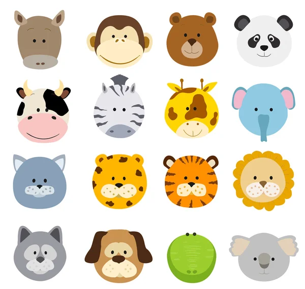 Conjunto de caras de animales de la selva de dibujos animados. Colección vectorial — Vector de stock