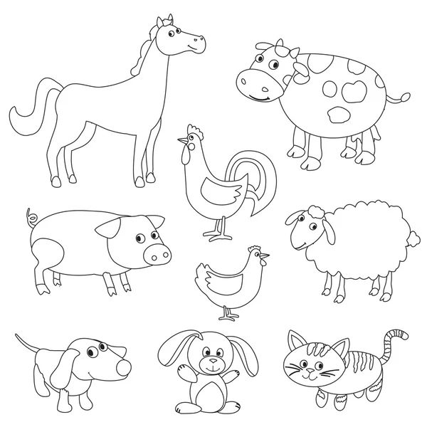 可爱的卡通农场动物和鸟类的图画书。大纲 v — 图库矢量图片