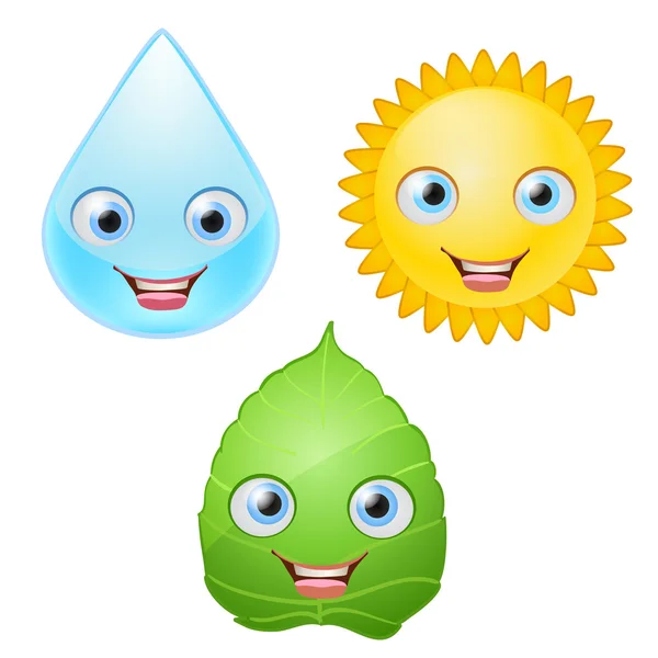 Goccia d'acqua, foglia verde, icone del sole personaggi sorridenti con gli occhi . — Vettoriale Stock