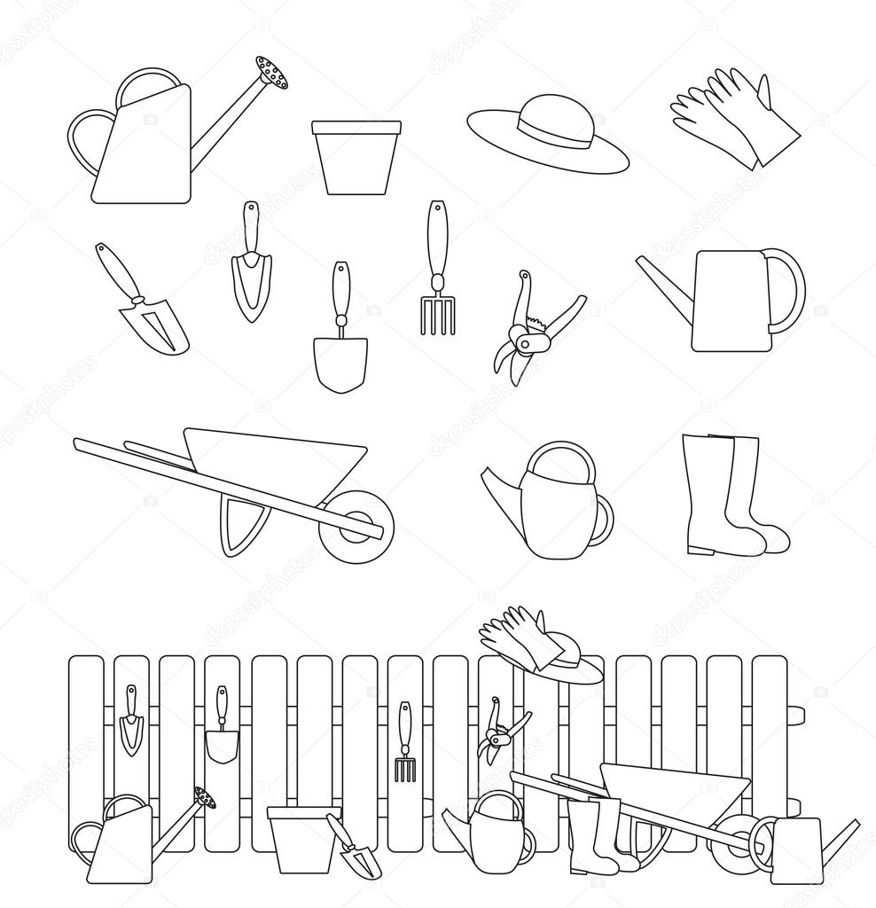 set of gardening tools symbols and a composition with a fence. o