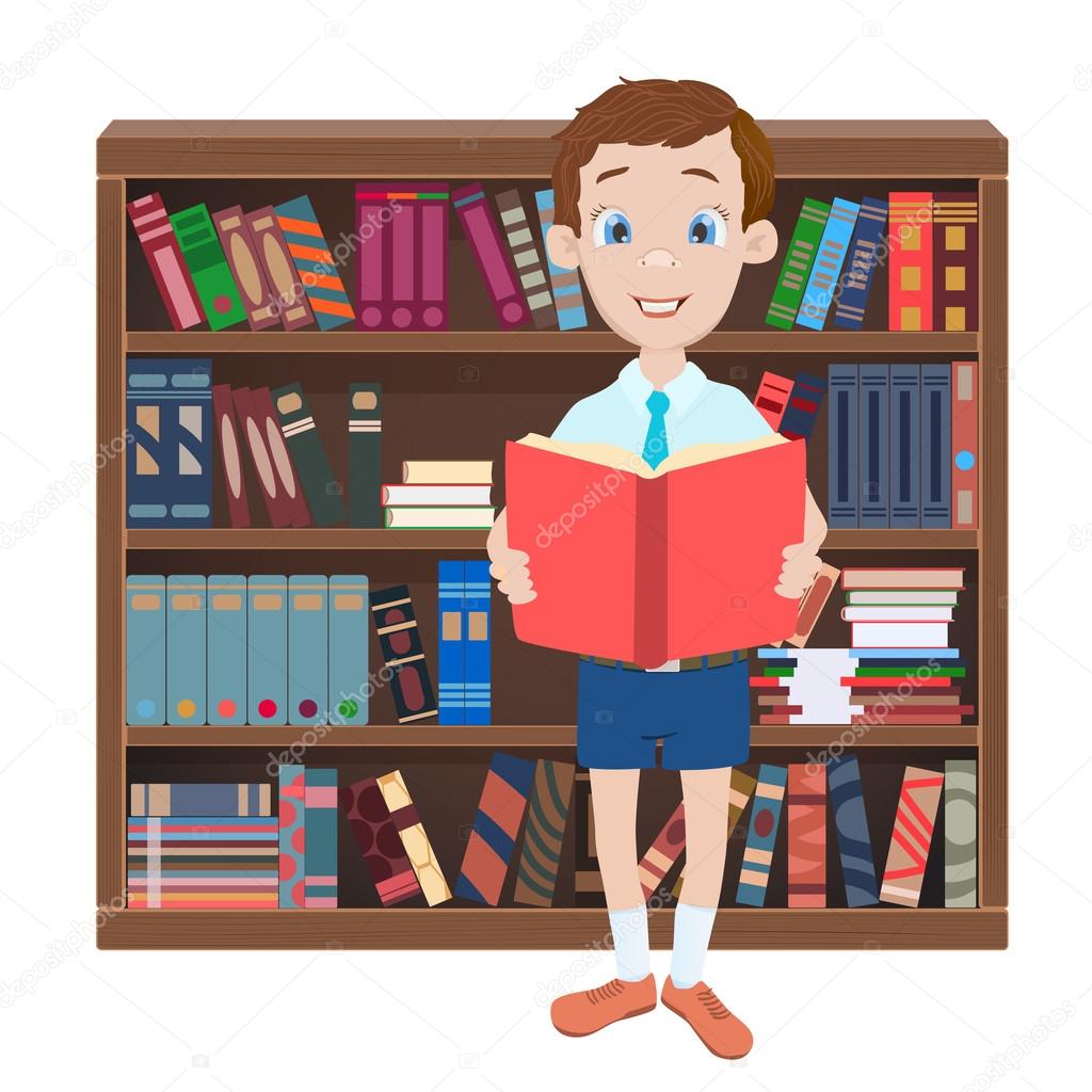 Cartoon illustration with a boy reading a book and library with 