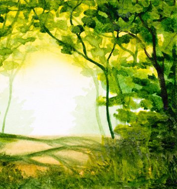 suluboya arka plan ile orman, ağaçlar güneş ışığında bir