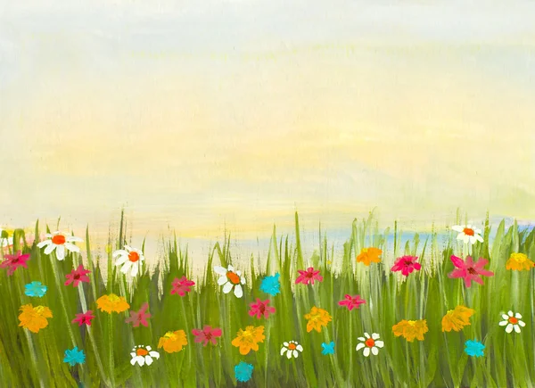Aquarela pintada à mão paisagem com grama verde e flores — Fotografia de Stock