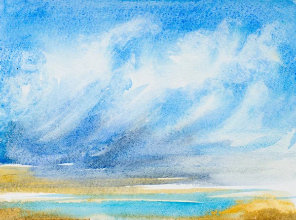 Акварельний фон з розфарбованими руками хмарами, водою, пляжем — стокове фото