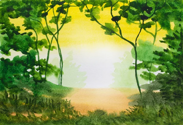 Acquerello sfondo astratto con alberi e folliage verde — Foto Stock