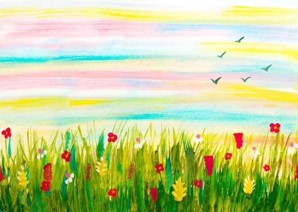 Watercolor hand painted abstract landscape with grass field, flo — Stock Photo, Image