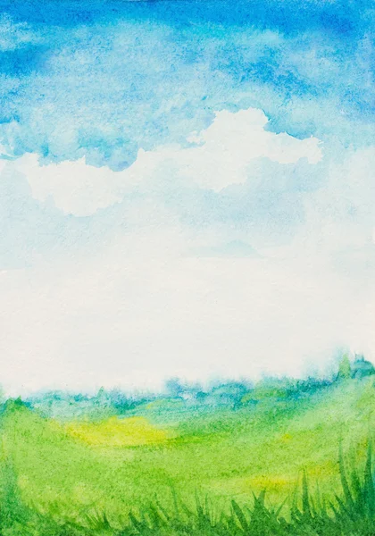 Aquarel, abstract gestructureerde achtergrond met lucht, wolken, groene g — Stockfoto