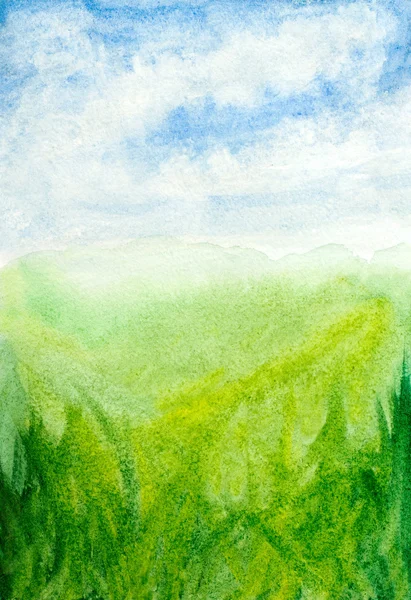 Suluboya dokulu arka plan gökyüzü, bulutlar, çim ile — Stok fotoğraf