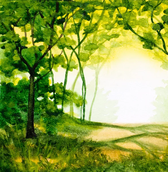 Acquerello sfondo astratto con alberi alla luce del sole e verde — Foto Stock