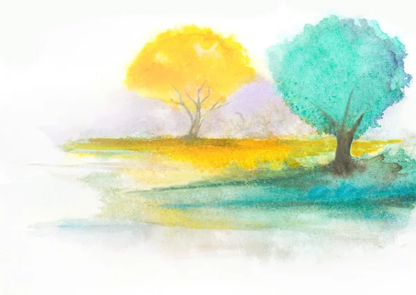 Höstens akvarell abstrakt bakgrund med sjön och träd — Stockfoto