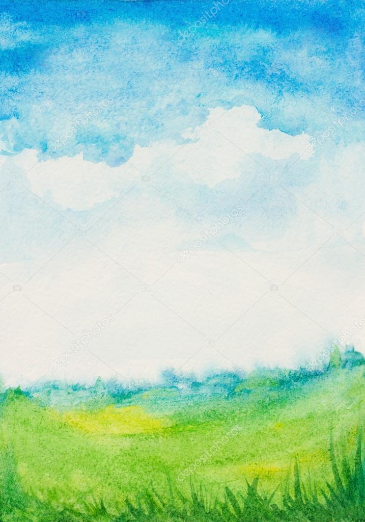 Watercolor abstract textured background with sky, clouds,green g