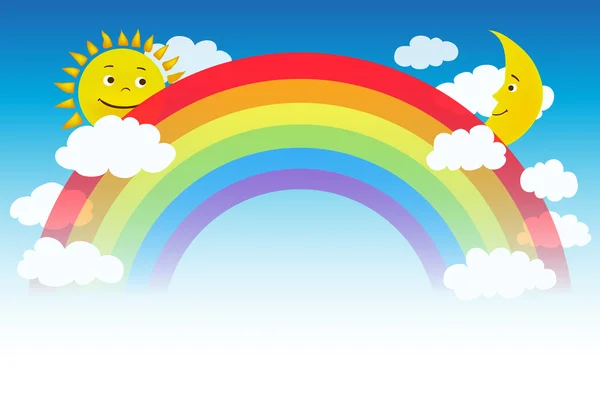 Ilustración vectorial de un arco iris con nubes, sol y caracteres lunares — Archivo Imágenes Vectoriales