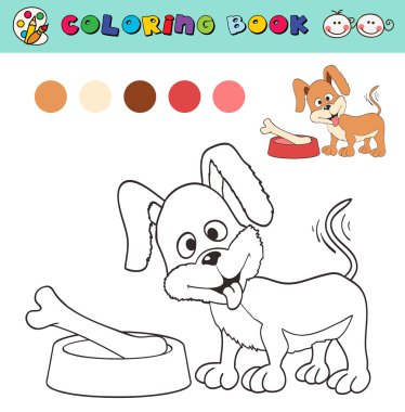 kitap sayfa şablonu köpek ve kemik, renk örnekleri ile boyama.