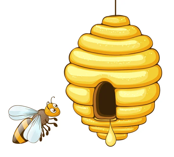 Abeja volando y colmena con la gota de miel. ilustración vectorial — Vector de stock