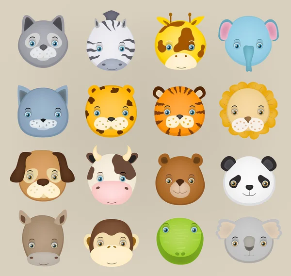 Ensemble de visages d'animaux mignons dessin animé. Illustration vectorielle — Image vectorielle