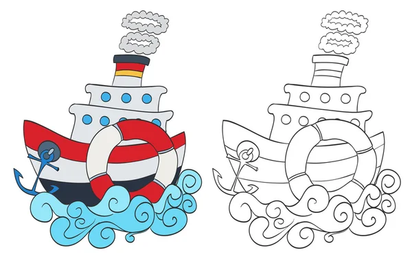 Handgezeichnetes Cartoon-Dampfschiff mit Malvorlagen. Vektor — Stockvektor