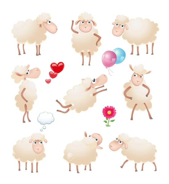 Σύνολο χαριτωμένο καρτούν χαρακτήρα πρόβατα σε διαφορετικές πόζες απομονωμένες — Διανυσματικό Αρχείο