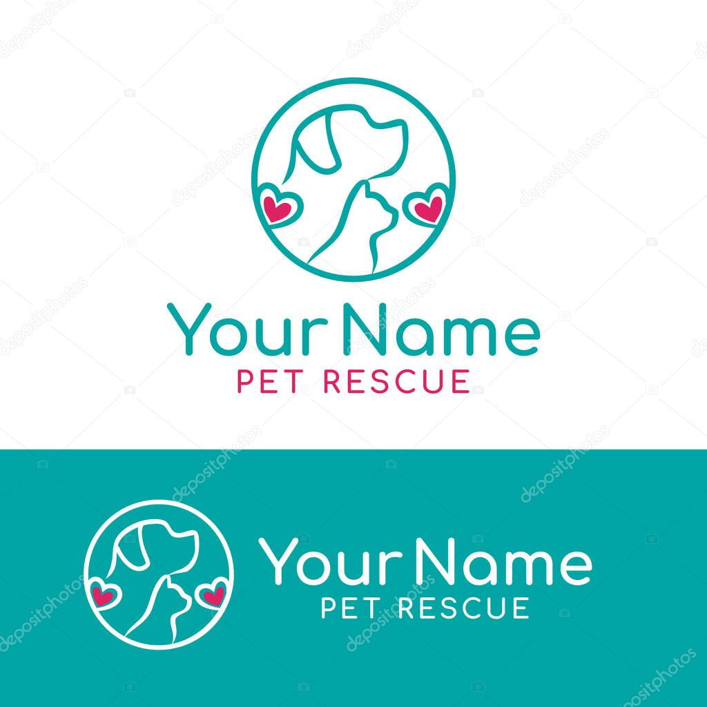 dog and cat line art round logo with hearts vector illustration
