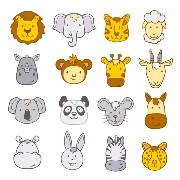 Set Cartoon Animal Faces Funny Children Background — 图库矢量图片