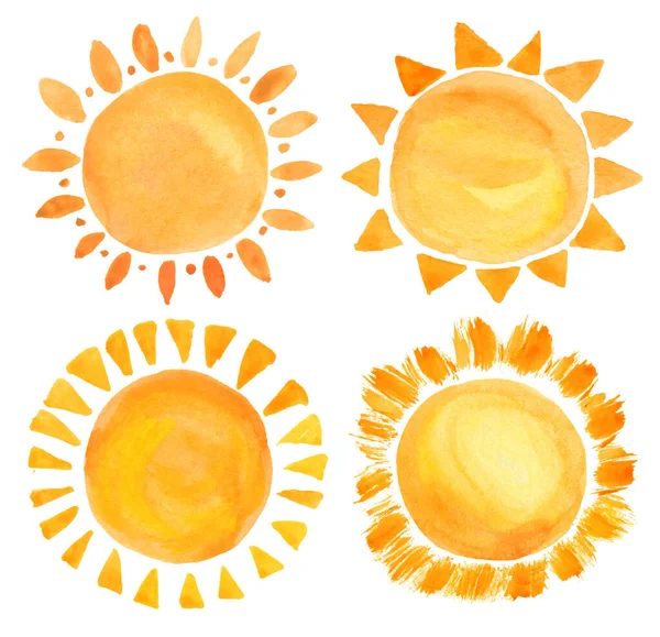 Dětinské Akvarelové Slunce Bílém Ručně Kreslená Ilustrace — Stock fotografie