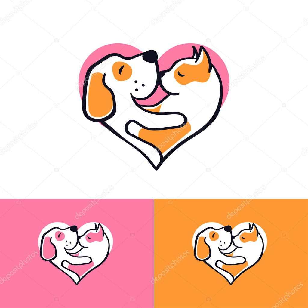 pet logo with dog and cat hanging in a heart shape. vector illustration