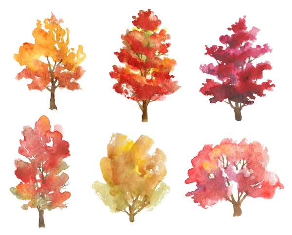 Set Van Met Hand Getekende Aquarel Herfst Bomen Geïsoleerd Wit — Stockfoto