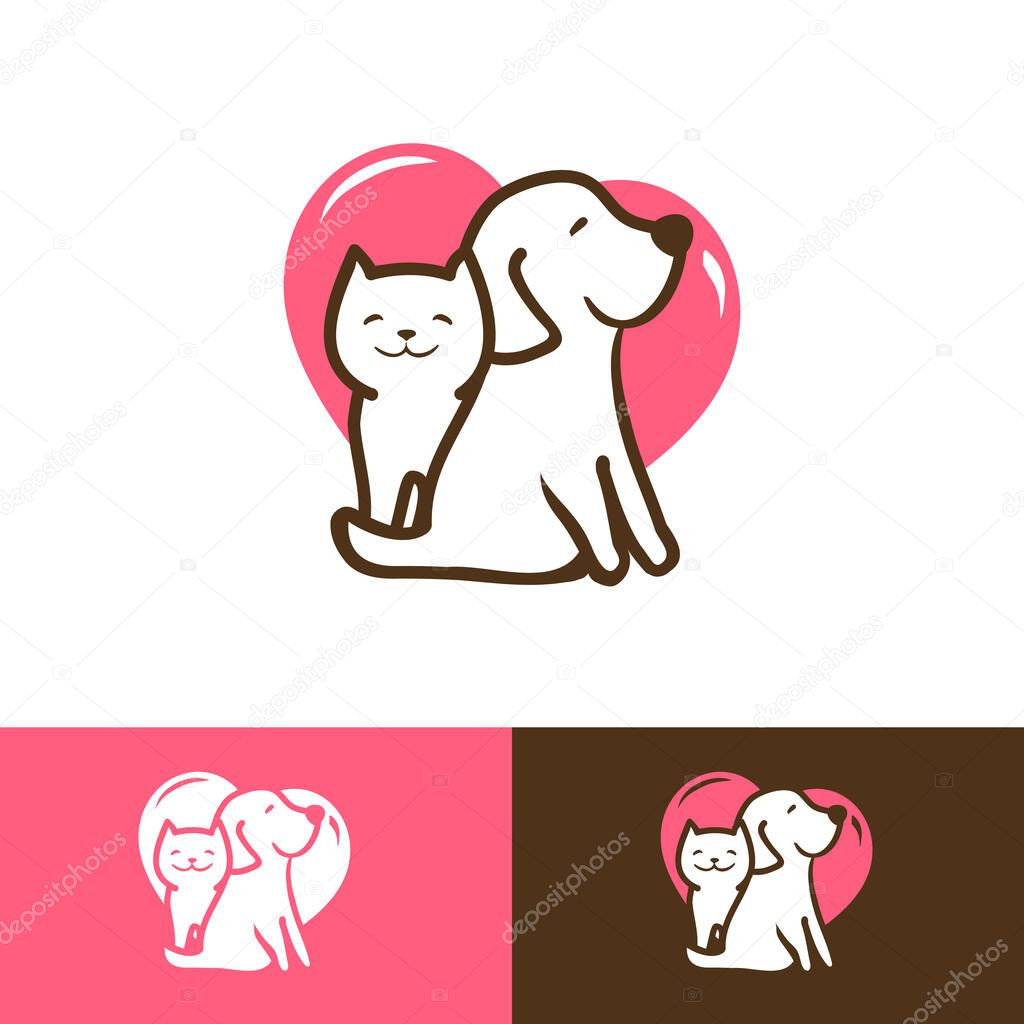 Dog and cat cartoon logo, pets siting with heart background. Love pets symbol for pet store, veterinary, animal shelter, care center. Color variations