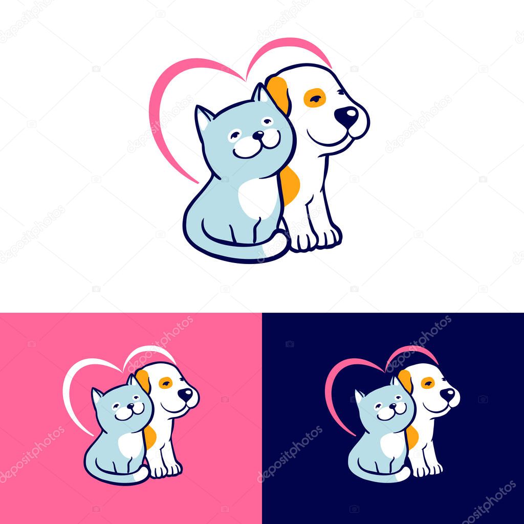 Dog and cat cartoon logo, pets siting with heart shape background. Love pets symbol for pet store, veterinary, animal shelter, care center.