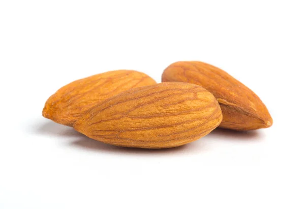 Trois Amandes Gros Plan Photo Sur Blanc Macro Food Shot — Photo