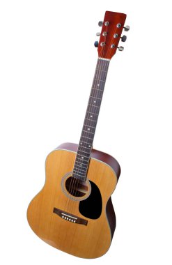 Gitar ahşap akustik müzik telli enstrüman beyaza izole edilmiş.