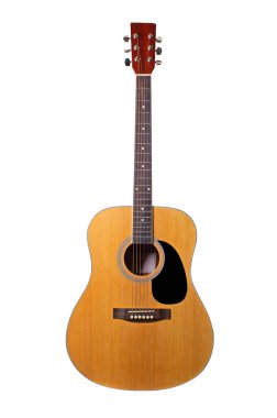 Gitar ahşap akustik müzik telli enstrüman beyaza izole edilmiş.