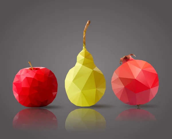 Äpple, päron och granatäpple i poligonal design — Stock vektor