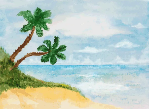 Paisaje Acuarela playa con palmeras — Vector de stock