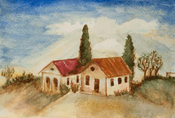 Pintura de aquarela paisagem das casas, árvores em uma colina —  Vetores de Stock