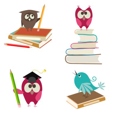 cute birds with books and pencils
