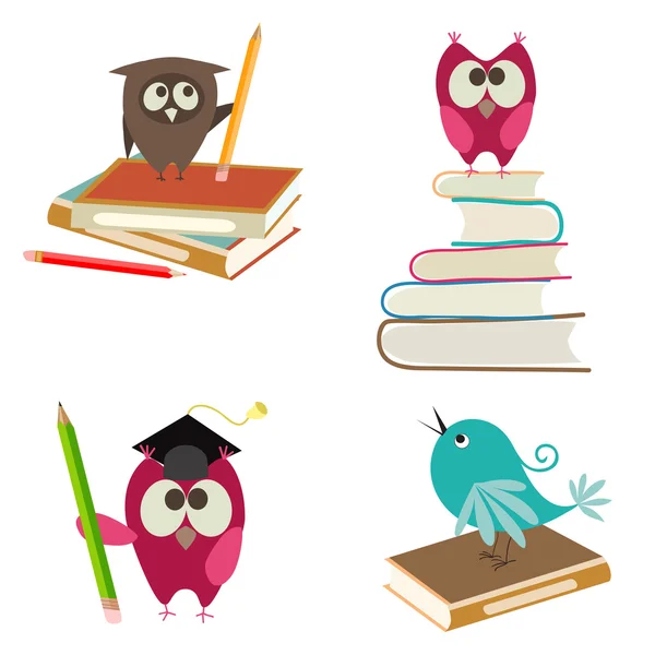 Pájaros lindos con libros y lápices — Vector de stock