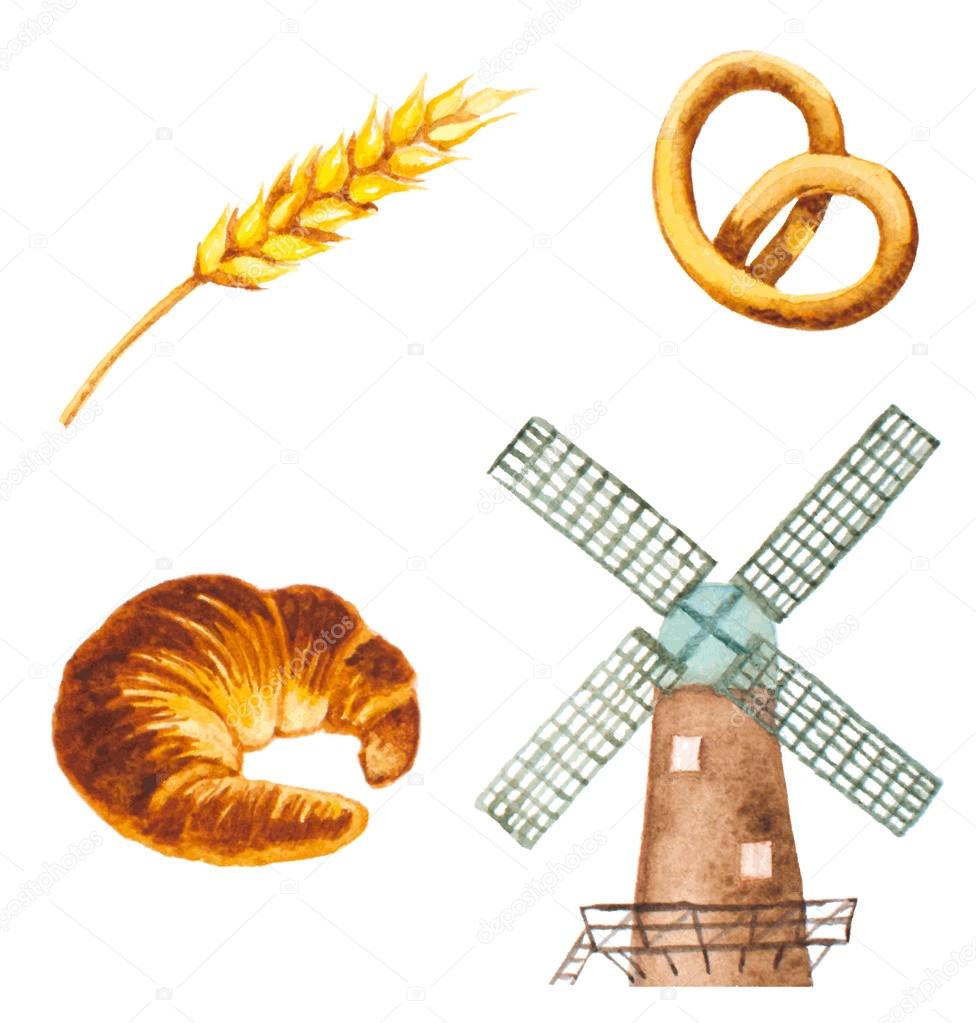 watercolor bakery symbols. windmill, croissant, wheat. vector il