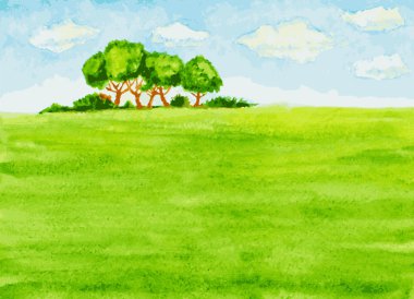 watercolor landscape with trees, green field and sky. vector ill