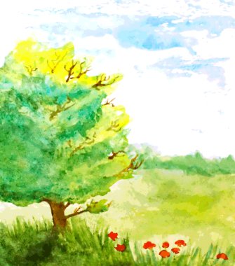 watercolor landscape with tree, flowers and sky. vector illustra