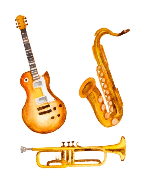 Guitar, saxophone and trumpet, watercolor vector — Stok Vektör