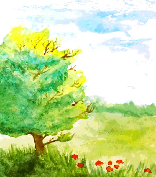 Acuarela paisaje con árbol, flores y cielo. vector illustra — Archivo Imágenes Vectoriales
