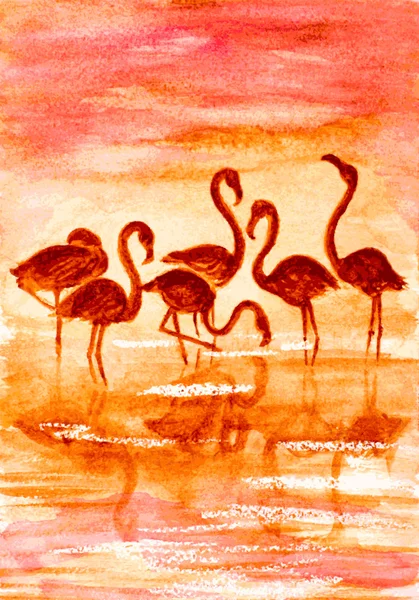 Flamingo no por do sol, ilustração vetor aquarela —  Vetores de Stock