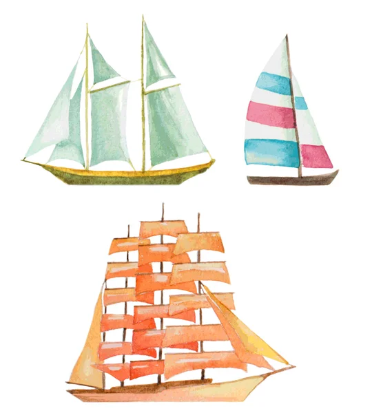Akvarell segelbåtar set, vektor illustration — Stock vektor