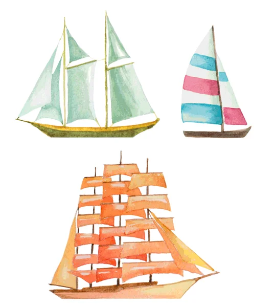 Watercolor sailboats set, vector illustration — Stock Vector