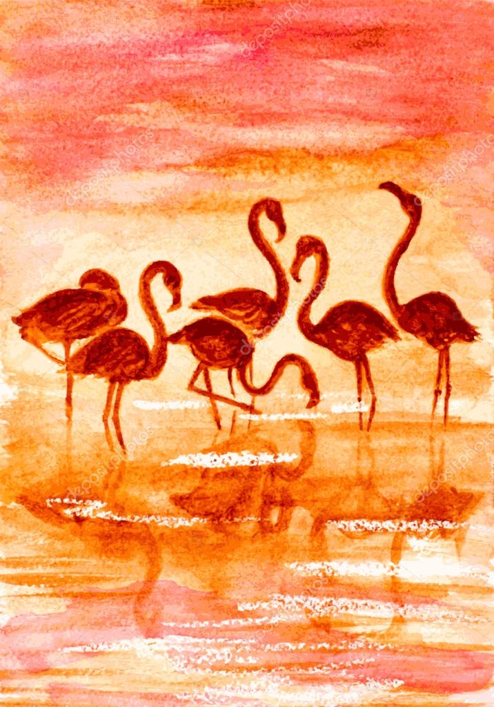 Download Flamingo in sunset, watercolor vector illustration — Stok Vektör © flowerstock #76700473