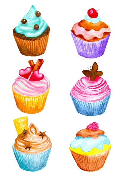 Conjunto de cupcakes feitos em aquarela. ilustração vetorial. creme w —  Vetores de Stock